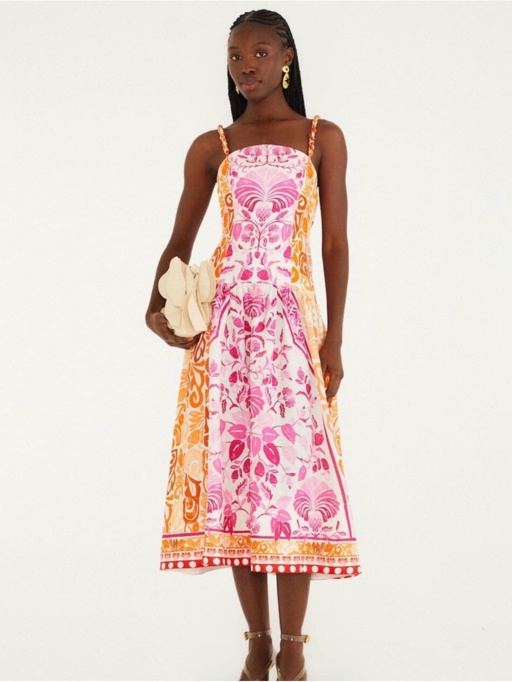 Farm Rio Santorini Midi Dress - Floral Pink & Orange Midi Sundress- NWT Large